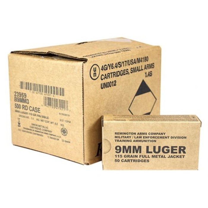 Remington Range 9 mm Luger 115 Grain Full Metal Jacket Centerfire Pistol Ammo, 500 Rounds, R23977