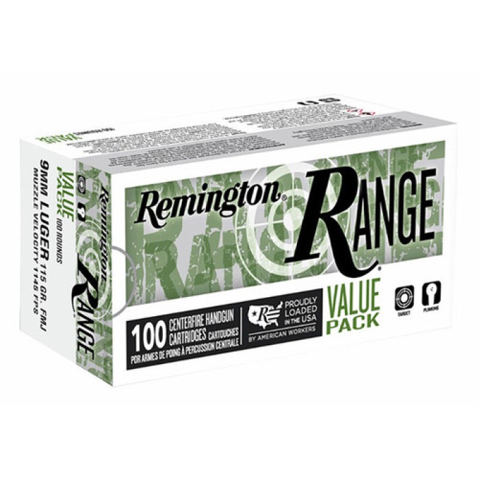 Remington Ammunition R23979 Remington Range 9Mm Luger 115 GR Full Metal Jacket (Fmj) 100 Per Box/ 5 CS