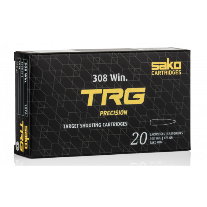 Sako TRG Precision Boat Tail Hollow Point 308 Winchester 175gr Ammo 20 Round Box - Brass Casing