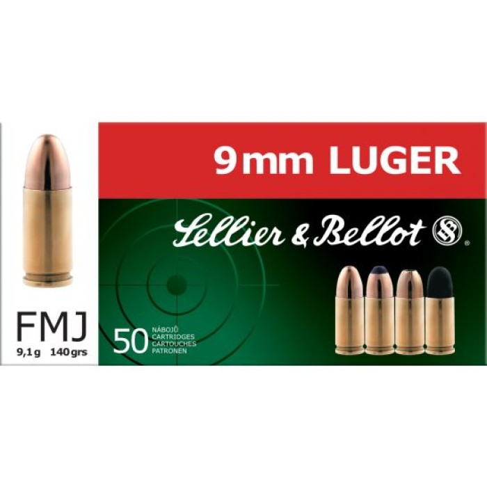 Sellier & Bellot 9mm Luger 140 Grain Subsonic Full Metal Jacket Brass Cased Pistol Ammo, 50 Rounds, SB9SUBA