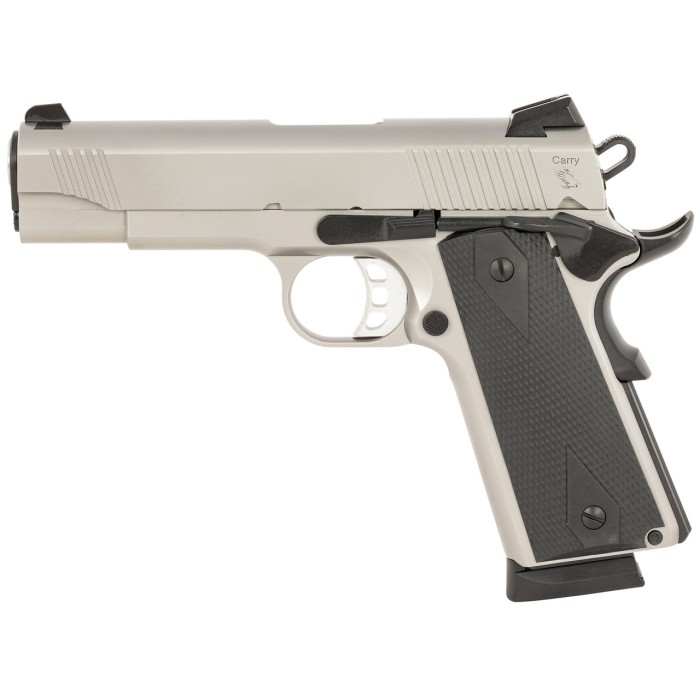 Tisas 1911 Carry, 45 ACP, 4.25" Black Barrel, Stainless Steel Satin Finish, 8rd