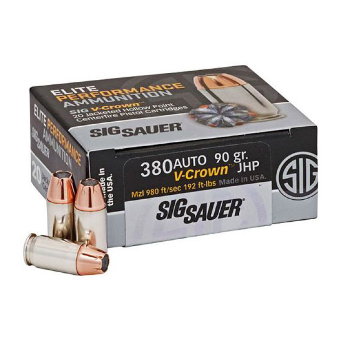 SIG Sauer Elite V-Crown .380 Auto Ammo 90 Grain JHP 20rds - E380A1-365-20