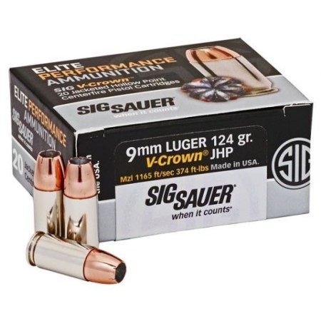 SIG Sauer Elite V-Crown 9mm Ammo 124 Grain JHP 50 rds/box - E9MMA2-50