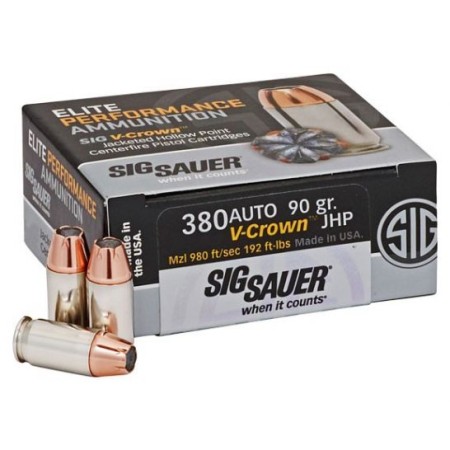 Sig Sauer 380 Auto 90gr V-Crown JHP Ammunition, 50 rounds - E380A1-50