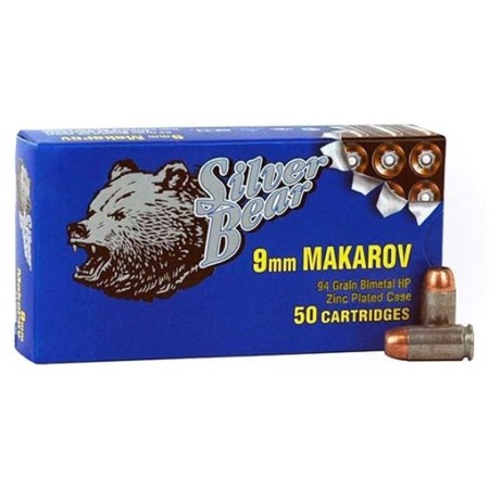 Silver Bear Bear 9X18 Makarov 94Gr. Jhp Zinc Plated Case 50-Pk A918RHPN 4607094861386