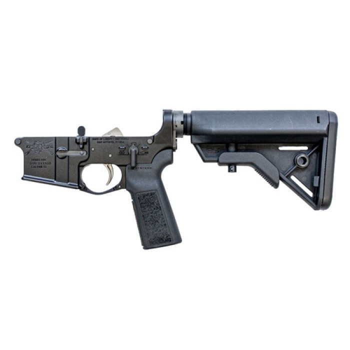 Sons Of Liberty Gun Works M4 Complete Lower Manual Safety Buffer SYS Blue/Black, Black Stock