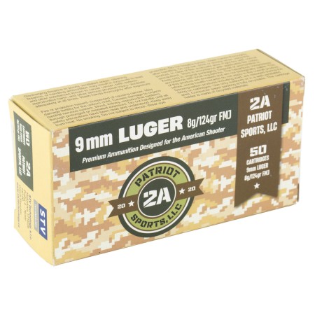 Patriot Sports Handgun Ammo Brass 9mm 124 Grain 50-Rounds FMJ