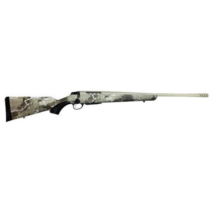 Tikka T3x Lite, Bolt Action Rifle, 6.5 Creedmoor, 24.38" Fluted Barrel, 1:8 Twist, Threaded 5/8x24, Veil Alpine Camo, Synthetic Stock, Cerakote Barrel and Action, Green Color, Right Hand, 3Rd, 1 Mag, Includes Matching Muzzle Brake