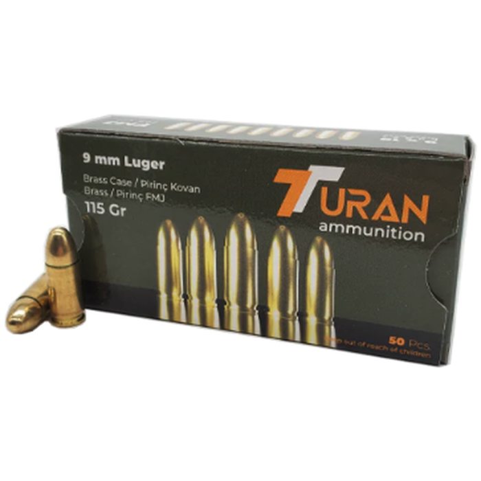 Turan 9mm 115 grain FMJ Case of 1000 Rounds Bulk (Brass Case)