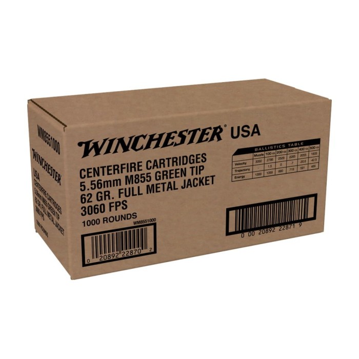 Winchester Ammo WM8551000 USA Green Tip 5.56x45mm NATO 62 gr Full Metal Jacket (FMJ) 1000 Bx - Dirty Bird Industries