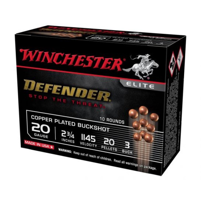 Winchester Defender 2.75" #3 Copper Plated Buckshot 20 Gauge Ammunition 10 Rounds - SB203PD