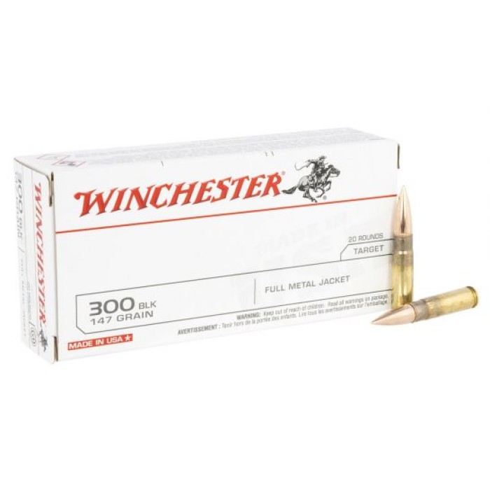 Winchester USA Target 147 gr FMJ 300 Blackout Ammunition, 20 Rounds - USA300B147