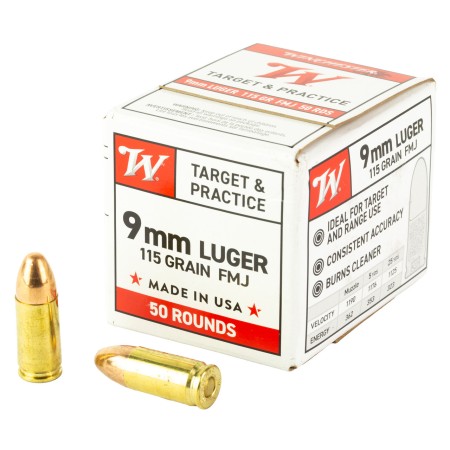 Winchester USA White Box Brass 9mm 115-Grain 50-Rounds FMJ