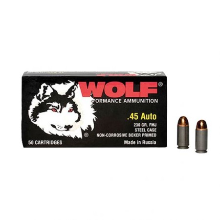 Wolf 45 ACP 230 gr FMJ Steel Cased 50 Rounds Ammunition - 45FMJ