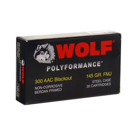 Wolf Polyformance 145 gr FMJ Steel Cased 300 Blackout Ammunition, 20 Rounds - WOLA300AACFMJ