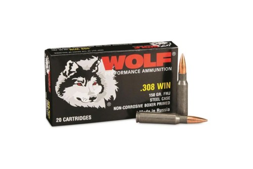 Wolf Steel Case 150 gr FMJ .308 Winchester Ammunition, 20 Rounds - WOLA308WFMJ