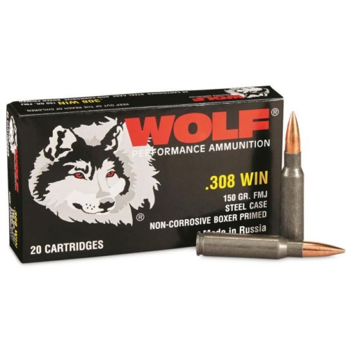 Wolf Steel Case 150 gr FMJ .308 Winchester Ammunition, 20 Rounds - WOLA308WFMJ