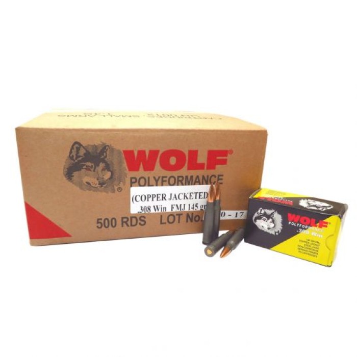 Wolf Performance PolyFormance 145 gr Full Metal Jacket .308 Win/7.62 Ammo, 500/case - 308CFMJ