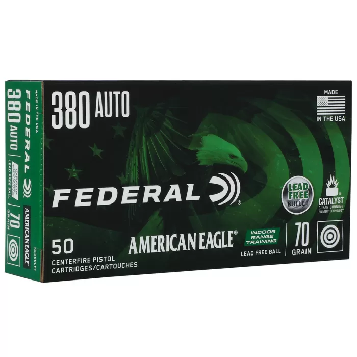 Federal American Eagle Indoor Range Training 380 Auto (ACP) 70gr Lead Free IRT Handgun Ammo - 50 Rounds Federal American Eagle Indoor Range Training 380 Auto (ACP) 70gr Lead Free IRT Handgun Ammo - 50 Rounds