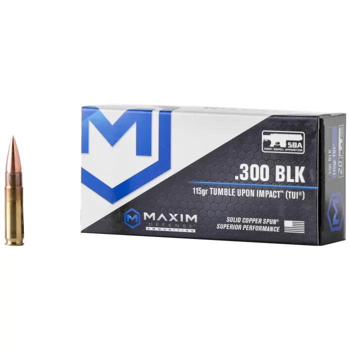 Maxim Defense Industries SBA Short Barrel Ammunition Brass .300 Blackout 115 Gr 20-Rounds Solid Copper Maxim Defense Industries SBA Short Barrel Ammunition Brass .300 Blackout 115 Gr 20-Rounds Solid Copper