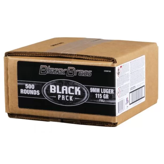 9mm Luger 115gr FMJ Blazer Brass 500rd Black Bulk Box 5200BF500 9mm Luger 115gr FMJ Blazer Brass 500rd Black Bulk Box 5200BF500