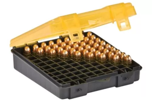 Plano Ammunition Box, Holds 100 Rounds of .357/.38 Sp/.38 Handgun Rounds, Amber/Charcoal 122400