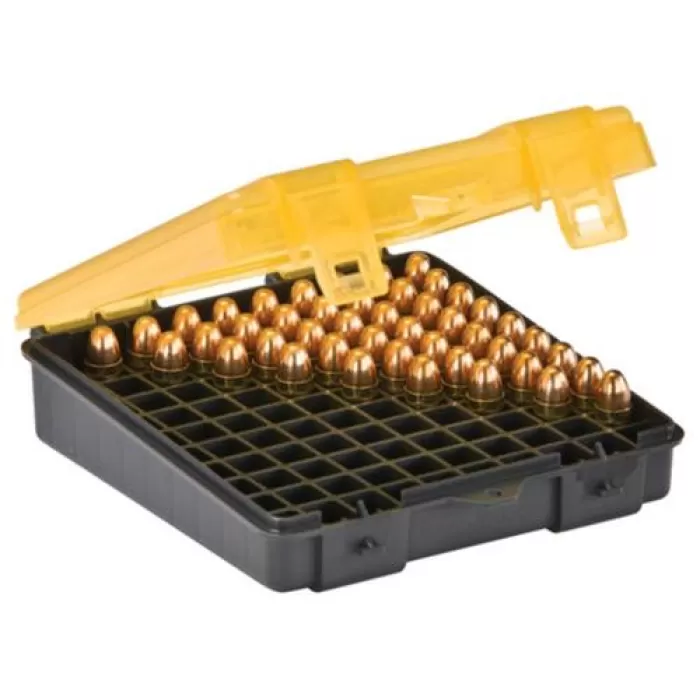 Plano Ammunition Box, Holds 100 Rounds of .357/.38 Sp/.38 Handgun Rounds, Amber/Charcoal 122400