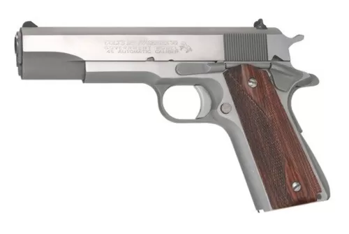 Colt Series 70 Govt 1911 45 ACP 5" Barrel, Double Diamond Rosewood Grip Brushed SS, 7rd