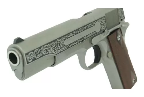 Colt Government Filigree Frame and Barrel Model Handgun .45 Auto 7rd Magazine 5" Stainless Finish