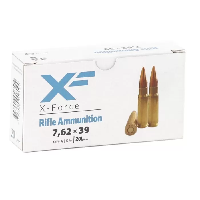 ATS X-Force 7.62x39 Ammo 124gr FMJ 20rd box Brass case - Brass Casing ATS X-Force 7.62x39 Ammo 124gr FMJ 20rd box Brass case - Brass Casing
