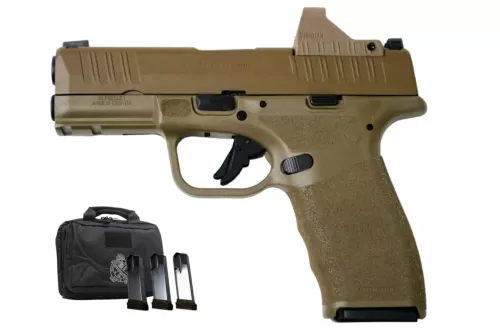 Springfield Hellcat Pro 9mm Flat Dark Earth Gear Pac with Viridian RFX-11 Green Dot, Four Mags and Pistol Bag