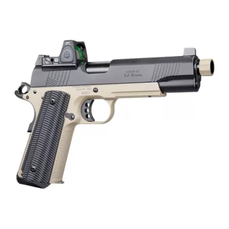 Ed Brown SFSOCM SOCOM Gen4 45 ACP 8+1 5" Black Nitride Threaded Barrel, Black Gen4 Serrated w/Optic Slide, Flat Dark Earth Steel Frame w/Accessory Rail, VZ Alien Grip, Trijicon RMR 3.25 MOA Red Dot Si