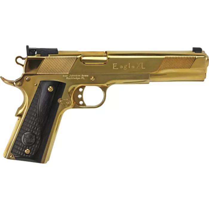 Iver Johnson Eagle Xl 10mm Acp 6" 8rd 24k Gold Black Wood Iver Johnson Eagle Xl 10mm Acp 6" 8rd 24k Gold Black Wood