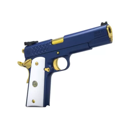 Dickinson LLC DKSN45SM Adam 1911 Sapphire Full Size 45 ACP 8+1 5" Gold Barrel, Blue Sapphire Steel Slide & Frame w/Beavertail White Grip