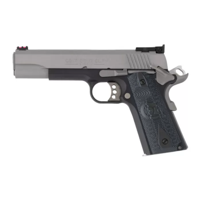Colt Mfg O5973GCL-TT Gold Cup 38 Super 9+1 5" Stainless National Match Barrel, Brushed Stainless Steel Serrated Slide, Black/Stainless Steel Frame w/Beavertail, Blue Scalloped G10 Grip, Ambidextrous