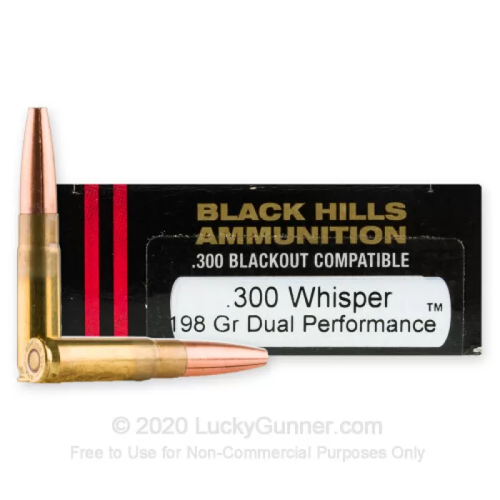 Black Hills Subsonic 300 AAC Blackout Ammo 198 Grain Dual Performance Solid Hollow Point Lead Free Box of 20 Black Hills Subsonic 300 AAC Blackout Ammo 198 Grain Dual Performance Solid Hollow Point Lead Free Box of 20