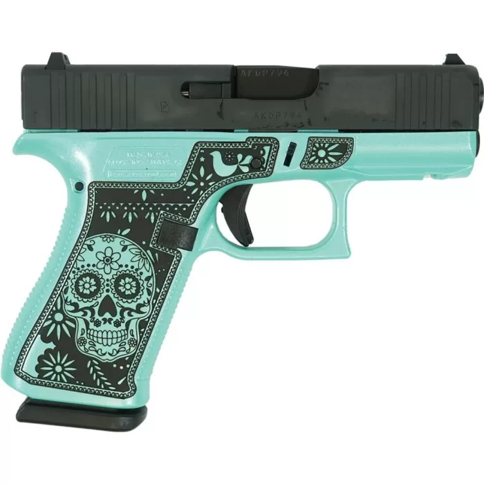 GLOCK 43X FS 9MM W/FRONT RAILS USA SUGAR SKULL TIFFANY GLITTER GLOCK 43X FS 9MM W/FRONT RAILS USA SUGAR SKULL TIFFANY GLITTER