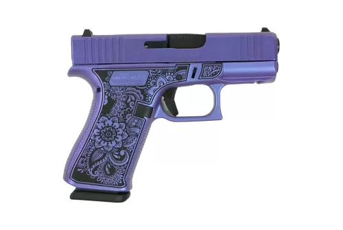 GLOCK 43X FS 9MM W/FRNT RAILS Frame & Slide Engrved Mandala w/Purple Pearl