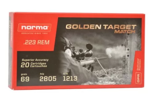 Norma Ammo: .223 Remington, 69gr, BTHP, Norma Golden Target, 20/Box