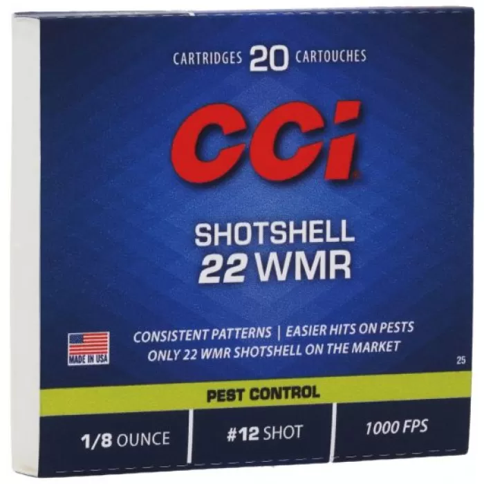 CCI .22 Winchester Magnum Rimfire Shotshell 52 Grain #12 Shot Ammunition 20rds - 0025 CCI .22 Winchester Magnum Rimfire Shotshell 52 Grain #12 Shot Ammunition 20rds - 0025