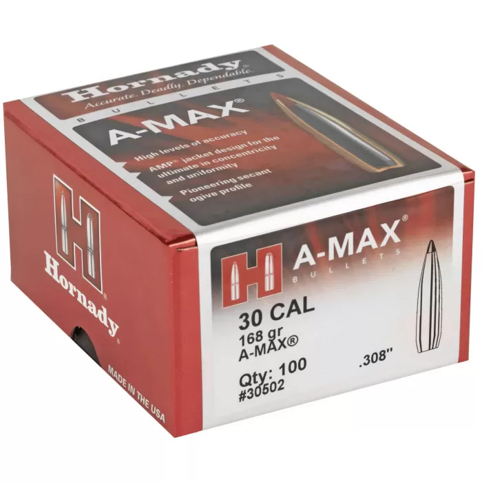 HORNADY 30 Caliber .308 168gr A-MAX Bullets 100/Box (30502) HORNADY 30 Caliber .308 168gr A-MAX Bullets 100/Box (30502)