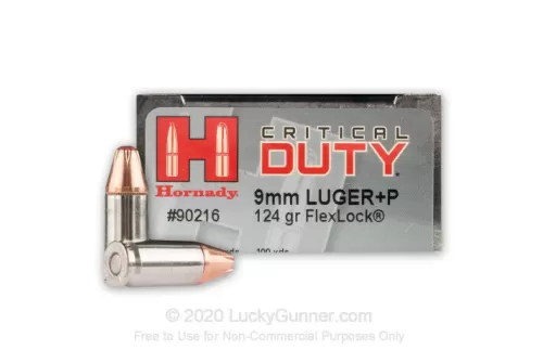 Hornady 90216 Critical Duty 9MM +P 124 Grain FlexLock Duty 250 Rd Bx