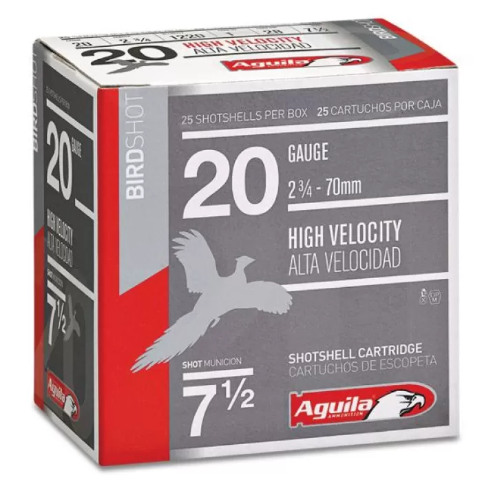 Aguila Field 20 Gauge 2-3/4 inches 7-1/2 Shot 1 oz High Velocity Lead Shotshell, Birdshot, 25/Box - 1CHB2007 Aguila Field 20 Gauge 2-3/4 inches 7-1/2 Shot 1 oz High Velocity Lead Shotshell, Birdshot, 25/Box - 1CHB2007