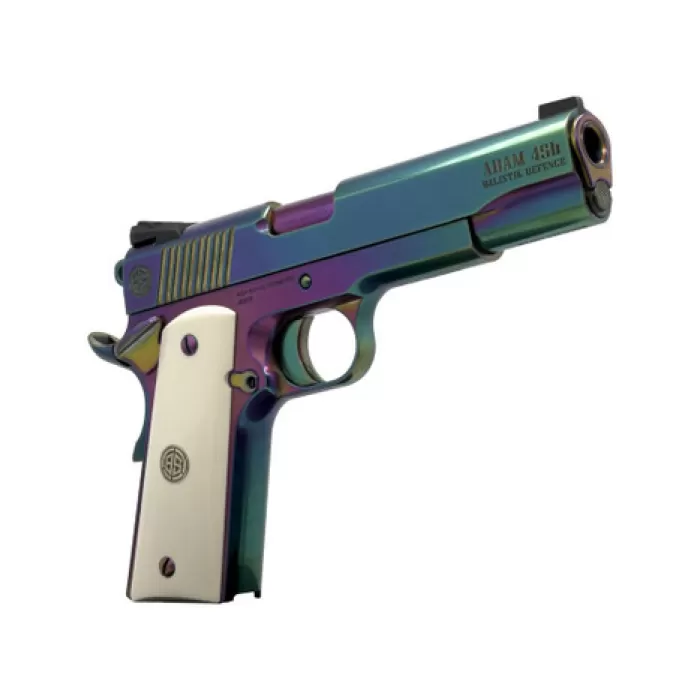 Dickinson LLC DKSN45RBB Adam 1911 Rainbow Full Size 45 ACP 8+1 5" Polished Rainbow PVD Steel B Serrations Slide, Rainbow PVD Steel Frame w/Beavertail