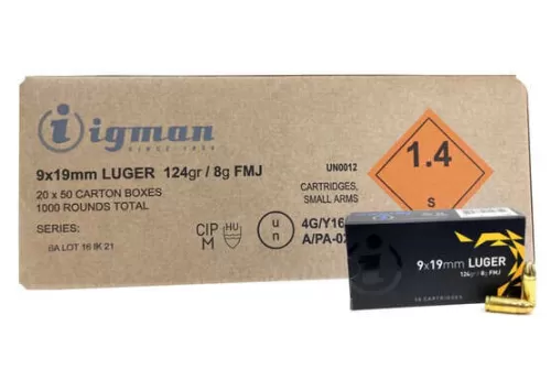 Igman 9x19mm 124 grain FMJ CASE1000 UPC: 3877002037061