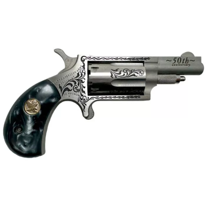 North American Arms 22M50B 50th Anniversary 22 Mag 5 Shot 1.63" Matte Stainless w/"50th Anniversary" & Scroll Engraving, Black Pearl Grip, Exposed Hammer North American Arms 22M50B 50th Anniversary 22 Mag 5 Shot 1.63" Matte Stainless w/"50th Anniversary" & Scroll Engraving, Black Pearl Grip, Exposed Hammer