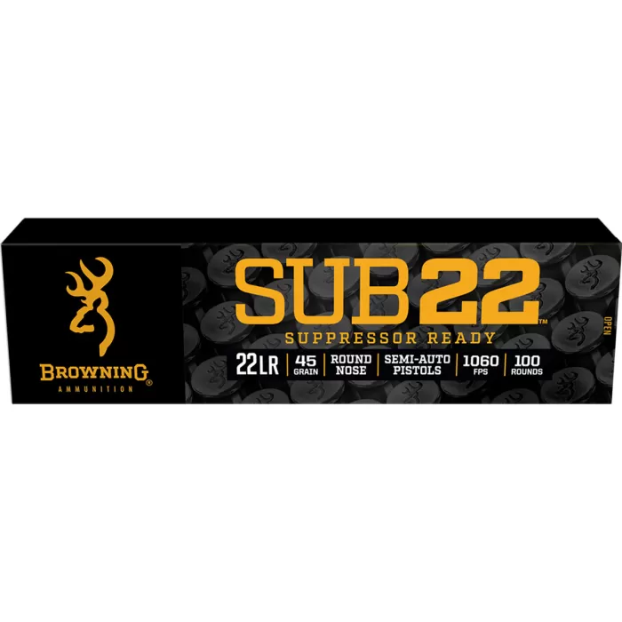 Browning BROWNING SUB-22 22 LR 45 Grain Blackened Lead Round Nose Brass Rifle Ammo, 100 Rounds, B194122102 Browning BROWNING SUB-22 22 LR 45 Grain Blackened Lead Round Nose Brass Rifle Ammo, 100 Rounds, B194122102