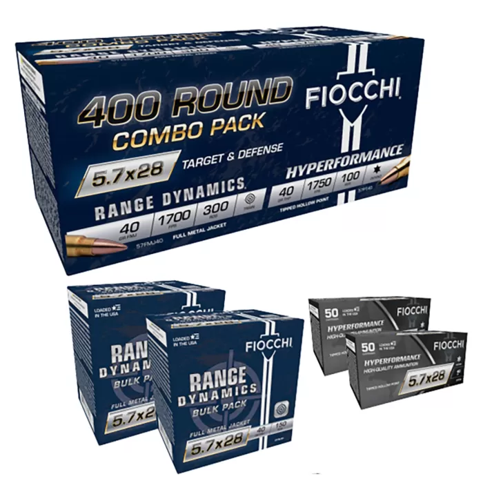 Fiocchi 5.7x28mm 40 grain Full Metal Jacket Brass Cased Pistol Ammo, 400 Rounds, 57COMPT Fiocchi 5.7x28mm 40 grain Full Metal Jacket Brass Cased Pistol Ammo, 400 Rounds, 57COMPT