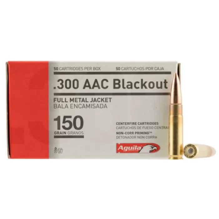 Aguila Centerfire 300 AAC Blackout 150 grain Full Metal Jacket Rifle Ammo, 50/Box - 1E300110 Aguila Centerfire 300 AAC Blackout 150 grain Full Metal Jacket Rifle Ammo, 50/Box - 1E300110
