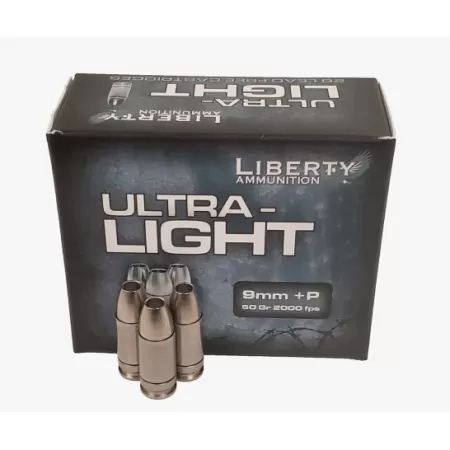 Liberty Ammunition Ultra-Light, 9mm +P, 50 Grain, HP, Brass Case, Centerfire Pistol Ammo, 20 Rounds Box, LA-UL-9-052